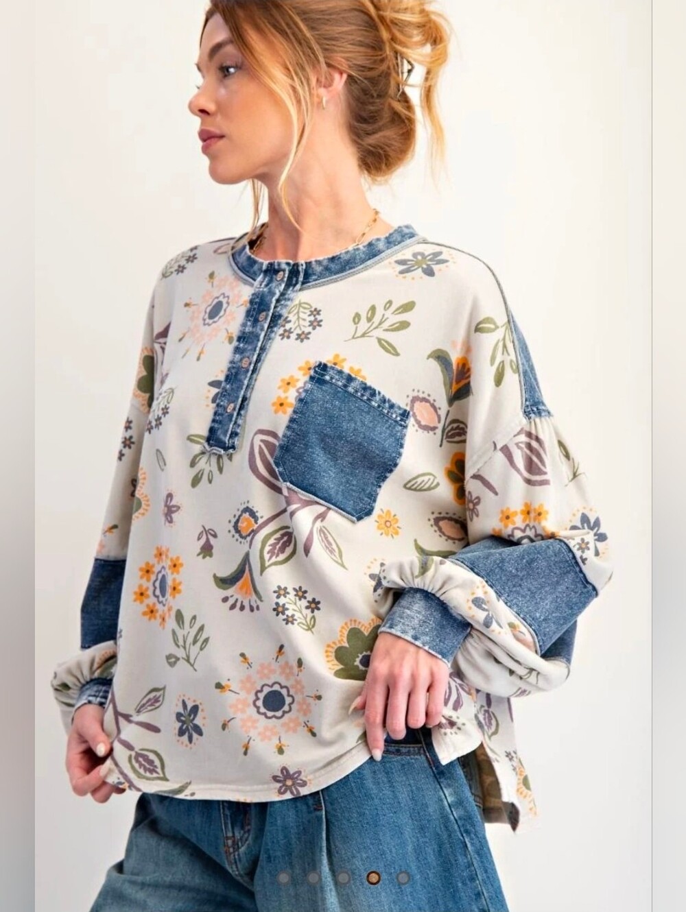 NEW!! Easel Floral Print Mineral Washed Henley Top in Ecru, Sz Medium, NWT - Picture 4 of 6